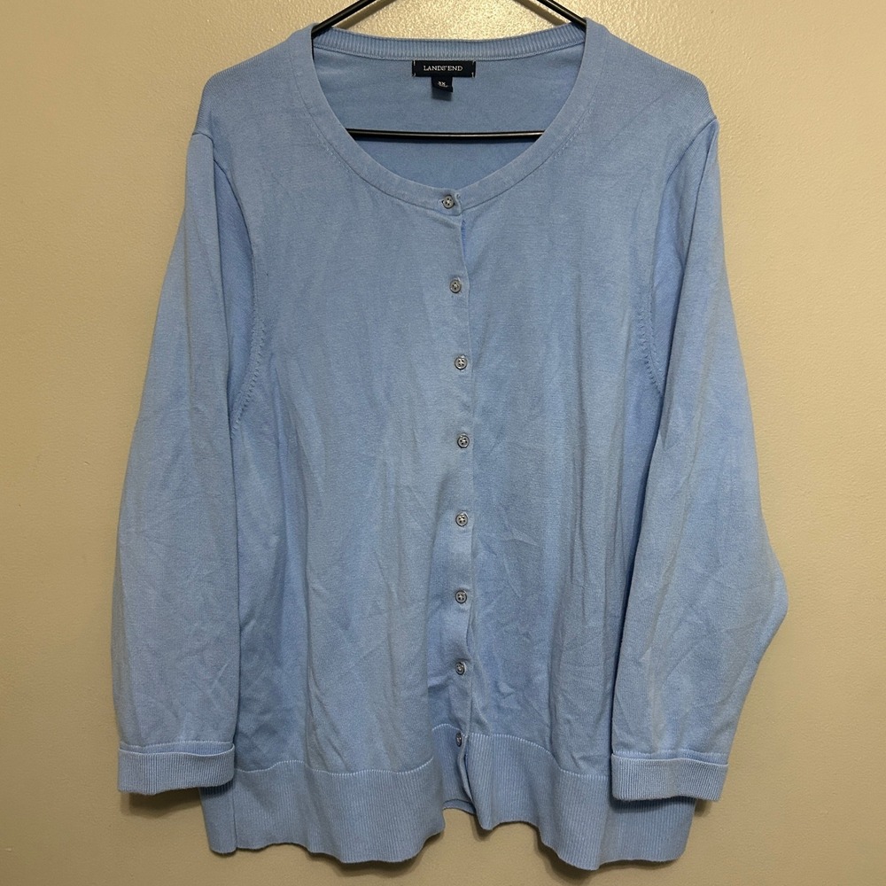 Lands' End Cardigan Women 3X 24W-26W Blue Supima Cotton Button Front Crew Neck